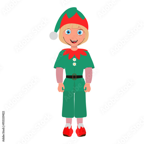 Flat Vector Illustration of Kid Boy Wearing Christmas Elf Costume, Cartoon Character Set For Animation, Various Views, Poses and Gestures. Item 1