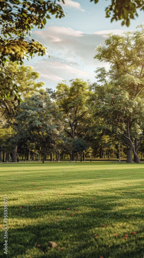 Obraz premium A park with a large field of grass and trees