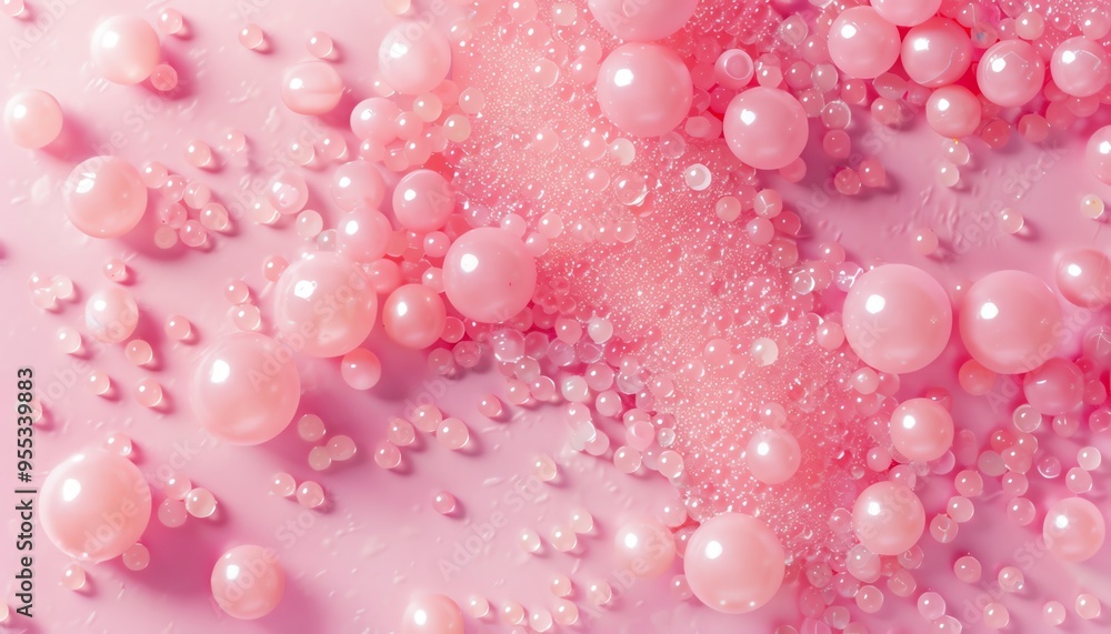 Pink candy pearls scattered on a pink surface, topdown view, even lighting, playful and sweet scene Pink candy pearls scattered on a pink surface, topdown view, even lighting, playful and sweet scene
