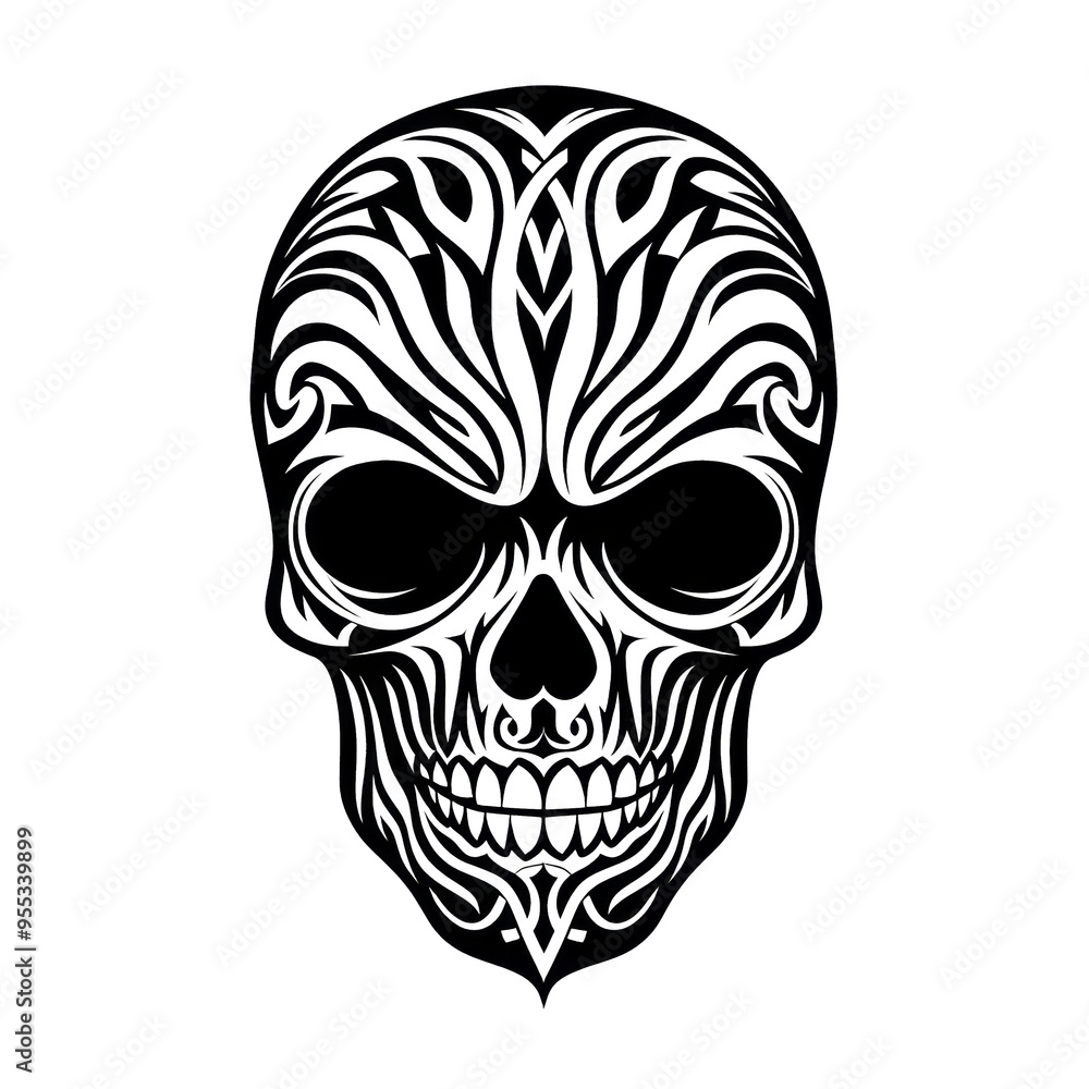 Intricate skull logo featuring tribal tattoo patterns on a clean white background Intricate skull logo featuring tribal tattoo patterns on a clean white background