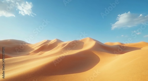 Vast golden sand dunes under a bright blue sky in a tranquil desert landscape at midday