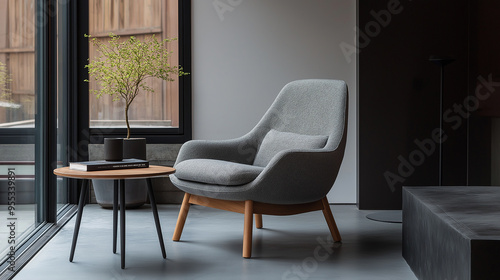 Modern grey armchair with wooden legs standing in minimalist living room