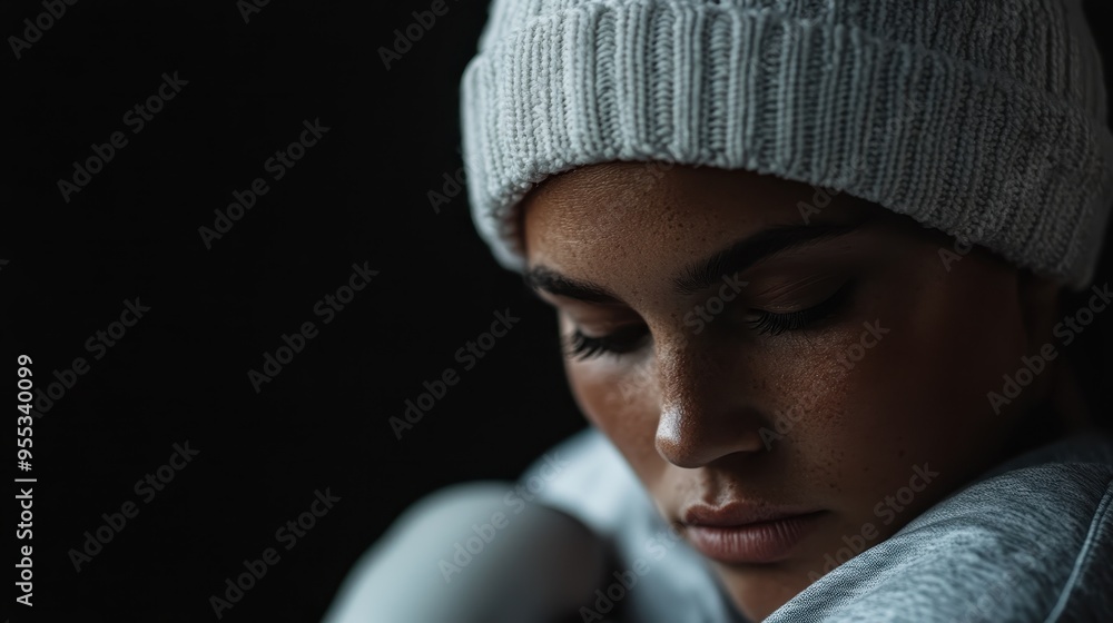 A close-up portrait of a woman wearing a white knit hat, looking downward while appearing deep in thought with a dark background that accentuates her contemplative mood. A close-up portrait of a woman wearing a white knit hat, looking downward while appearing deep in thought with a dark background that accentuates her contemplative mood.