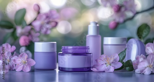 Elegant arrangement of skincare creams surrounded by flowers on a purple background