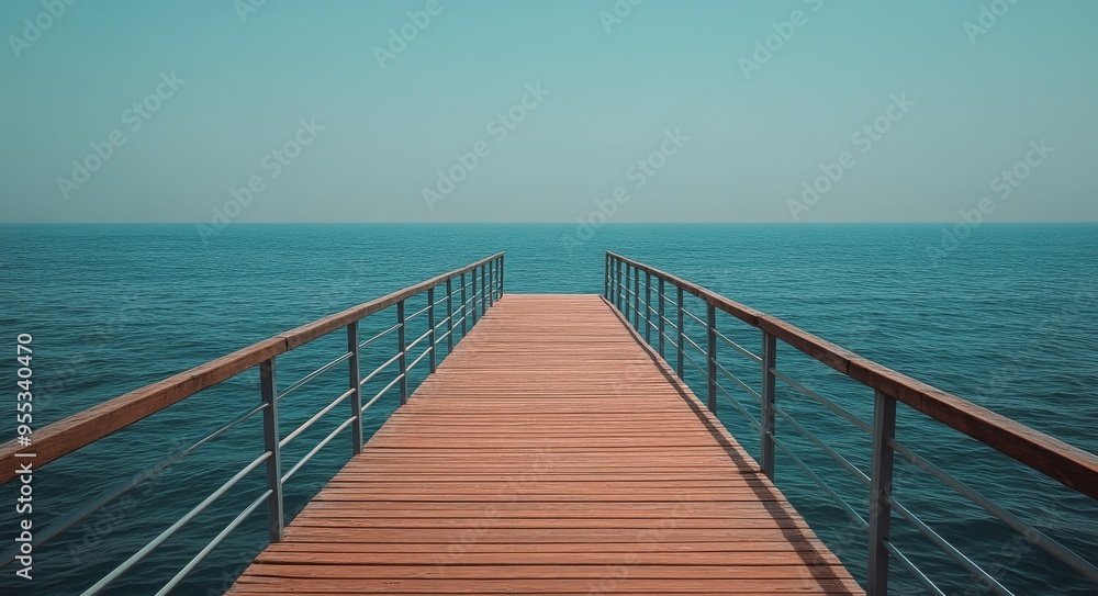 Wooden pier extending into a calm blue sea under a clear sky on a sunny day Wooden pier extending into a calm blue sea under a clear sky on a sunny day