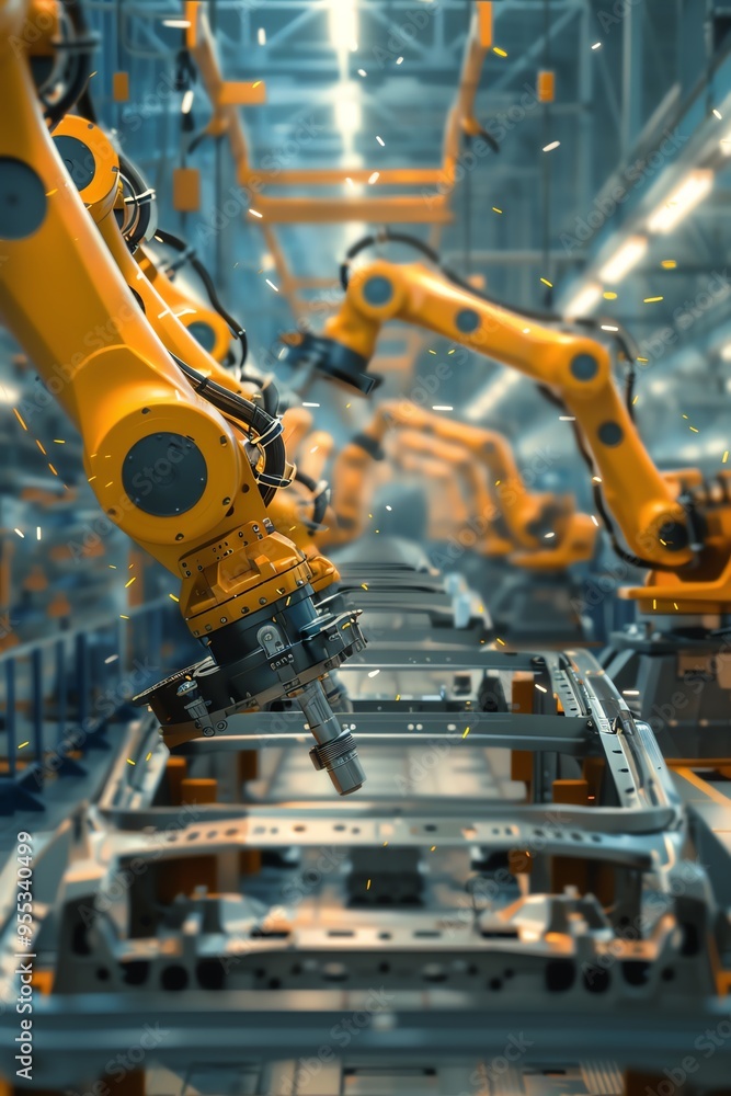 Robotic arms working on a car frame in a hightech assembly line Robotic arms working on a car frame in a hightech assembly line