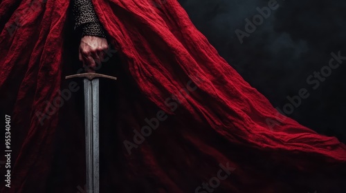 A warrior holds a sword while standing against a dark background, with a dramatic red cape flowing in motion, emphasizing strength and mystique. photo