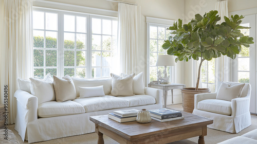 Bright airy living room with ficus lyrata houseplant photo