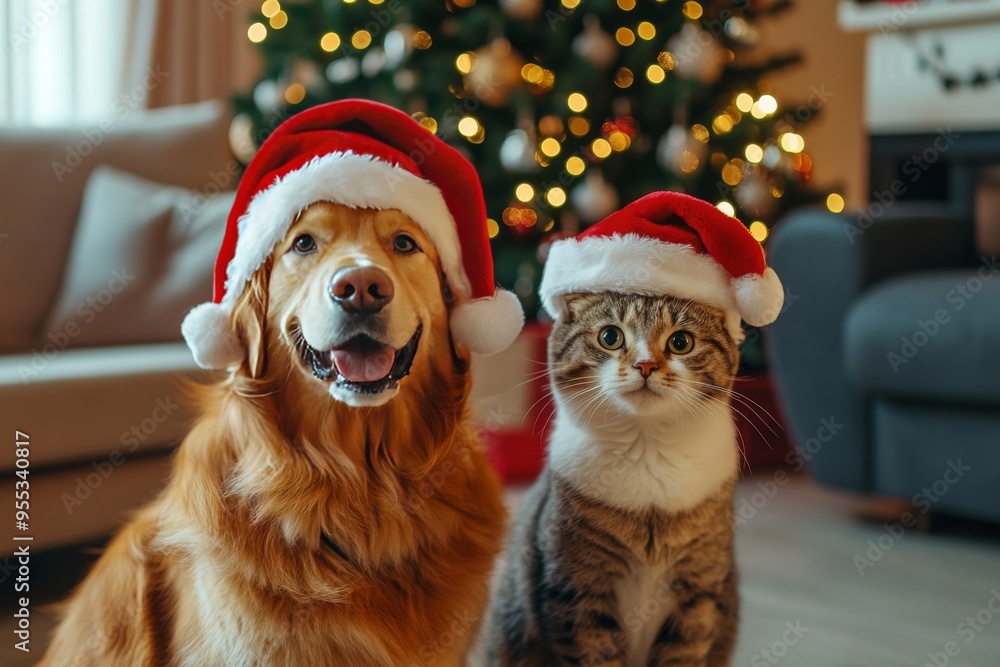 A dog with a cat in Santa Claus hats. The Christmas concept. A dog with a cat in Santa Claus hats. The Christmas concept.