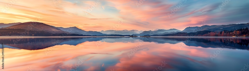 Scenic lake with mountains reflecting in the water during sunset Scenic lake with mountains reflecting in the water during sunset
