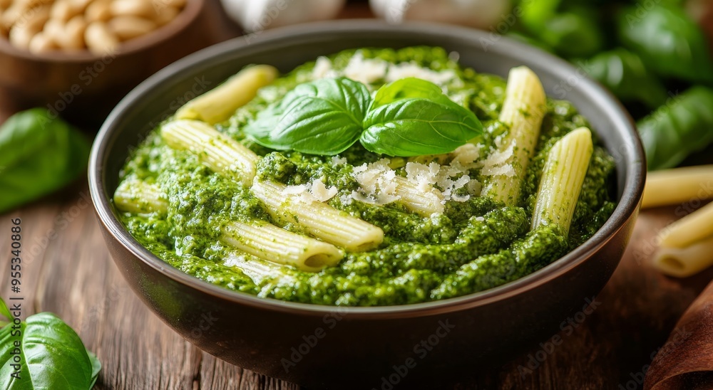 Fresh basil pesto served in a bowl with pine nuts and garlic on a wooden table Fresh basil pesto served in a bowl with pine nuts and garlic on a wooden table