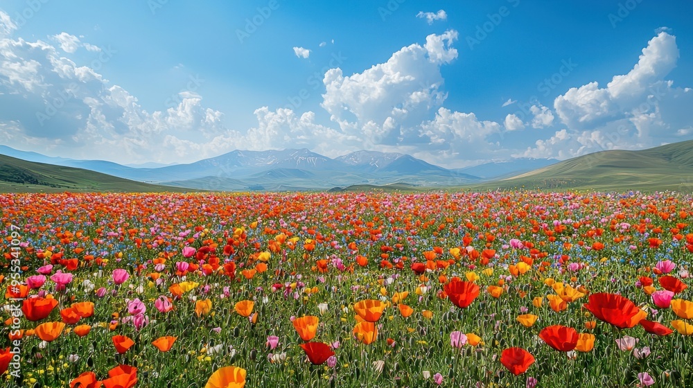 Serene Meadow of Blooming Pastel-Colored Poppies with Majestic Mountains in the Distance Serene Meadow of Blooming Pastel-Colored Poppies with Majestic Mountains in the Distance
