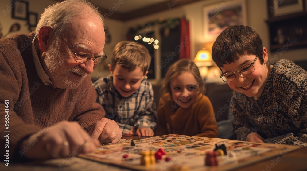Thanksgiving evening family game night in a cozy living room with board games, hot apple cider, and laughter among all generations Thanksgiving evening family game night in a cozy living room with board games, hot apple cider, and laughter among all generations
