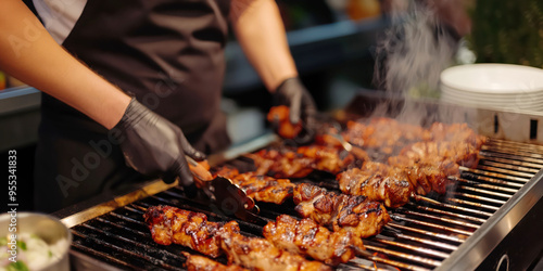 Chef grilling juicy bbq skewers at outdoor event with smoky flavor