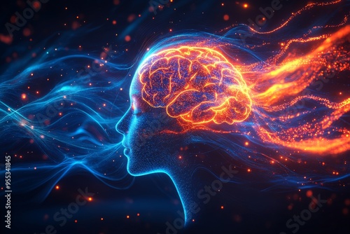 Brain asymmetry BDNF Woman’s profile with a glowing brain surrounded by swirling energy symbolizing the power of ideas and the dynamic nature of thought photo