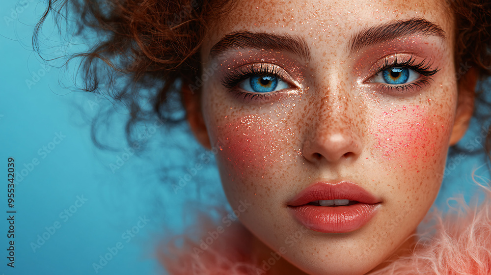 Create a vibrant and stylish advertisement featuring a young woman using the latest cosmetic products Create a vibrant and stylish advertisement featuring a young woman using the latest cosmetic products
