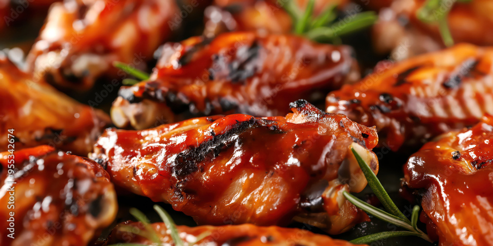 Delicious grilled bbq chicken wings with fresh rosemary garnish in close-up view Delicious grilled bbq chicken wings with fresh rosemary garnish in close-up view