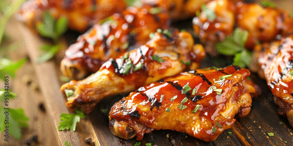 Savory grilled chicken wings with fresh herbs on rustic wooden board Savory grilled chicken wings with fresh herbs on rustic wooden board