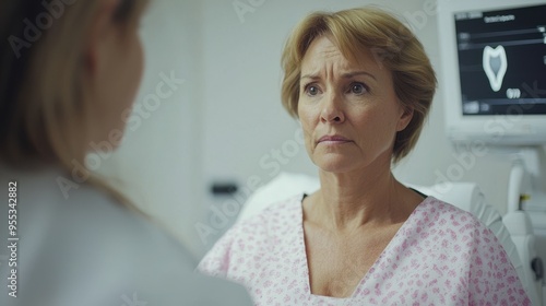 A middle-aged woman sitting in a hospital gown, preparing for a mammogram, looking slightly anxious but determined, with a technician gently guiding her and explaining the procedure, emphasizing the