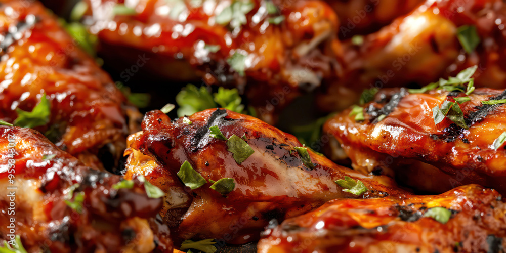 Close-up of delicious grilled chicken wings with bbq sauce and fresh herbs Close-up of delicious grilled chicken wings with bbq sauce and fresh herbs