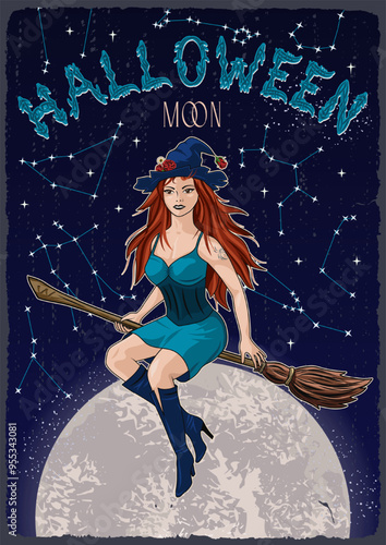 Halloween poster with young beautiful witch flying on broomstick, full big moon behind, zodiacal constellation, text. Colorful illustration in vintage style. Otherworldly, mystical illustration