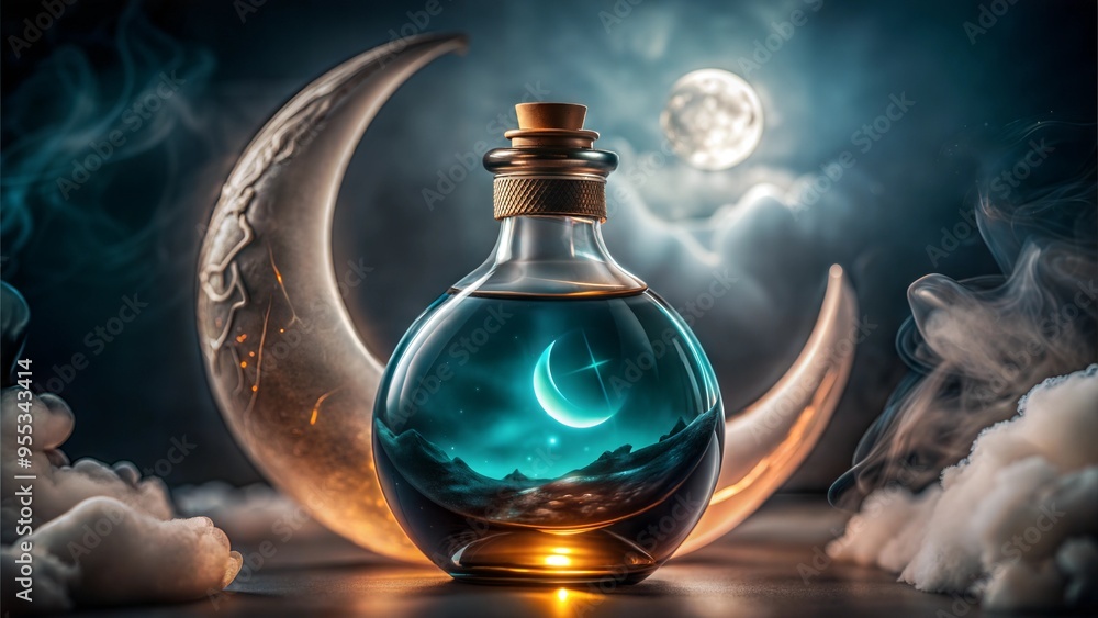 Celestial Potion Bottle with Crescent Moon and Stars, Surrounded by Mystical Smoke Celestial Potion Bottle with Crescent Moon and Stars, Surrounded by Mystical Smoke