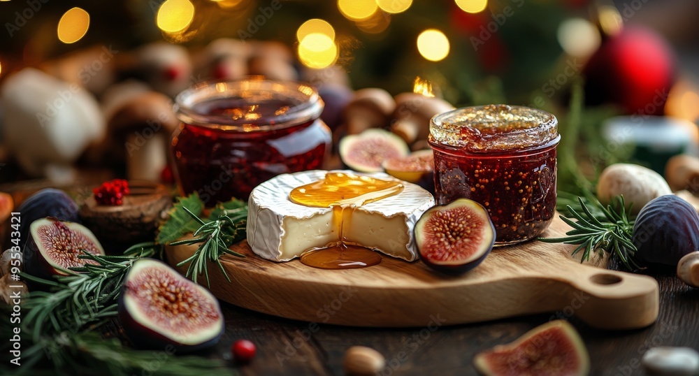 A delicious holiday cheese platter with fresh figs, honey, and festive decorations on the table A delicious holiday cheese platter with fresh figs, honey, and festive decorations on the table