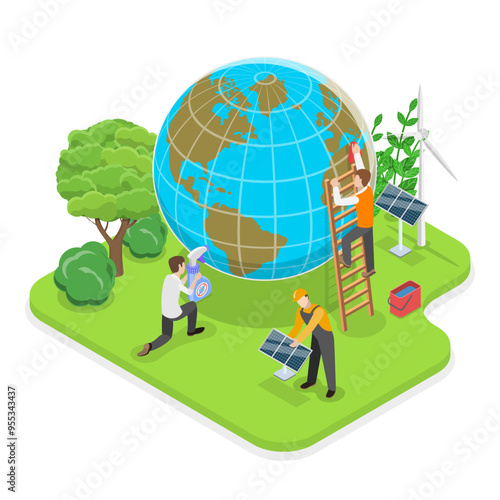 3D Isometric Flat Vector Illustration of Carbon Footprint Reduction , Net Zero Emissions and Carbon Dioxide Neutral Balance. Item 3