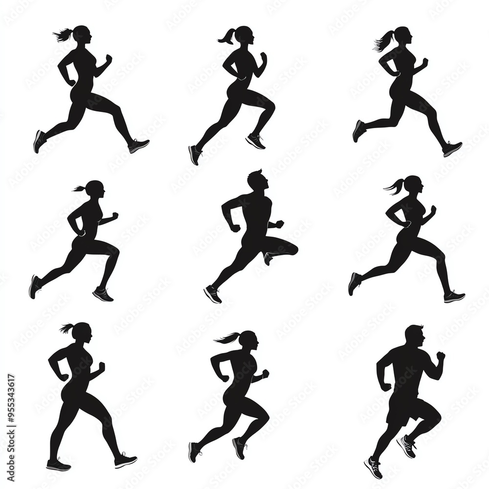 Silhouettes of runners in dynamic poses showcasing athleticism and movement, ideal for sports and fitness themes. Silhouettes of runners in dynamic poses showcasing athleticism and movement, ideal for sports and fitness themes.