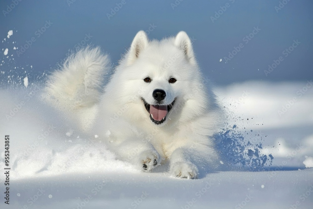 White Samoyed Dog Running Through Snow White Samoyed Dog Running Through Snow