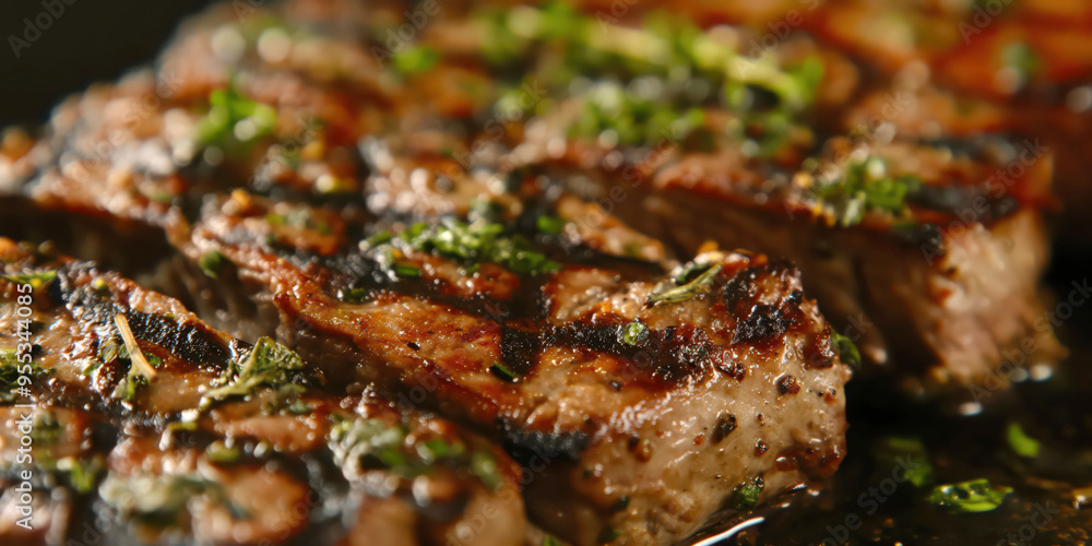 Grilled juicy steak with herbs – close-up of perfectly cooked, flavorful meat Grilled juicy steak with herbs – close-up of perfectly cooked, flavorful meat