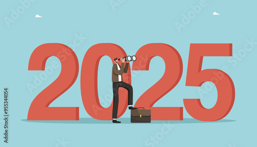 Leadership in setting plan or course for business development in 2025, motivation in achieving goals, determination for great success or heights, man looking through binoculars and stands near 2025.