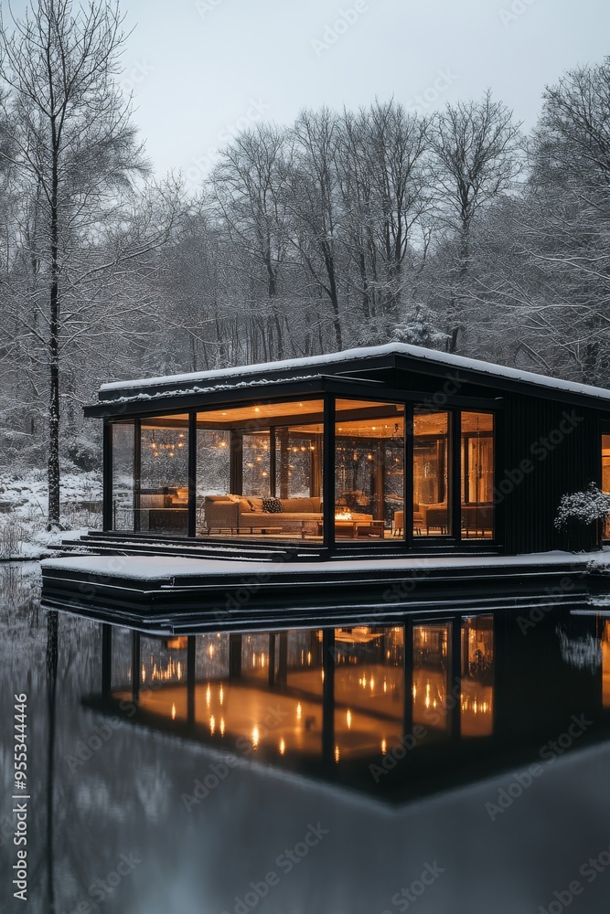 Modern house with panoramic windows in a Winter forest on the lake shore. the concept of winter holidays Modern house with panoramic windows in a Winter forest on the lake shore. the concept of winter holidays