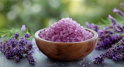 Lavender-infused pink sea salt in a wooden bowl surrounded by fresh lavender flowers