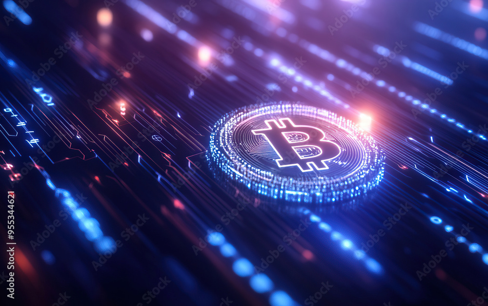 Close-up of a glowing Bitcoin symbol surrounded by a futuristic digital background, representing cryptocurrency and finance. Close-up of a glowing Bitcoin symbol surrounded by a futuristic digital background, representing cryptocurrency and finance.