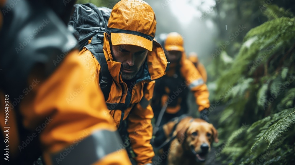 Rescue team members dressed in orange gear, equipped with backpacks, walk through a forest accompanied by a search dog, embodying teamwork and preparedness in natural environments. Rescue team members dressed in orange gear, equipped with backpacks, walk through a forest accompanied by a search dog, embodying teamwork and preparedness in natural environments.