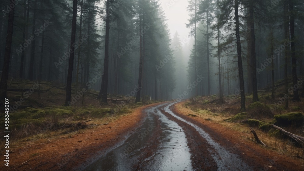 Fototapeta premium Whining road through the forest on cloudy day.