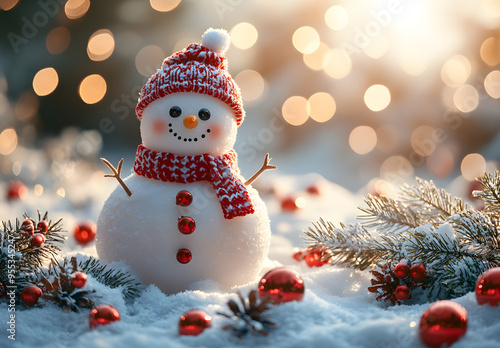 “Snowman Created from White and Red Christmas Decorations, Featuring a Festive and Cheerful Design with Classic Holiday Elements, Set Against a Wintery Background to Celebrate the Joy of the Season” 