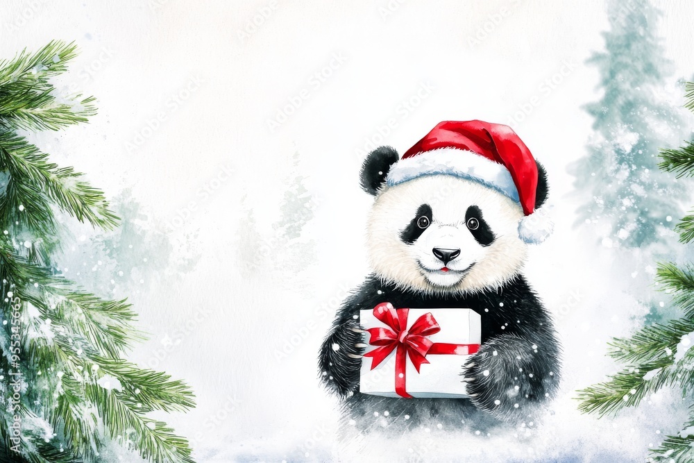 Panda with red gift boxes, Christmas hat Panda with red gift boxes, Christmas hat