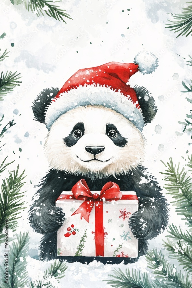 Panda with red gift boxes, Christmas hat Panda with red gift boxes, Christmas hat