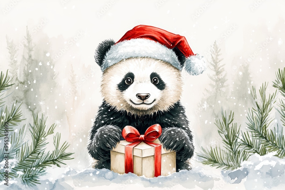 Panda with red gift boxes, Christmas hat Panda with red gift boxes, Christmas hat