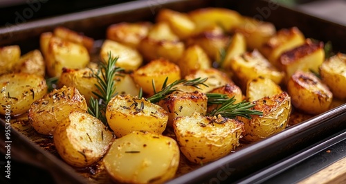 Crispy roasted potatoes garnished with herbs on a baking tray in a rustic kitchen setting