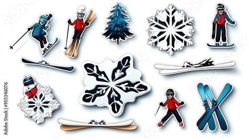 Colorful winter stickers featuring skiers, snowflakes, and pine trees for a fun winter theme.