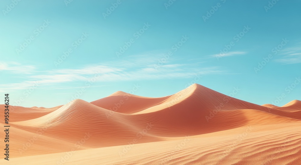 Vast golden sand dunes under a bright blue sky in a tranquil desert landscape at midday Vast golden sand dunes under a bright blue sky in a tranquil desert landscape at midday