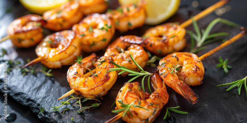 Grilled shrimp skewers with herbs and lemon on slate: delicious seafood dish Grilled shrimp skewers with herbs and lemon on slate: delicious seafood dish