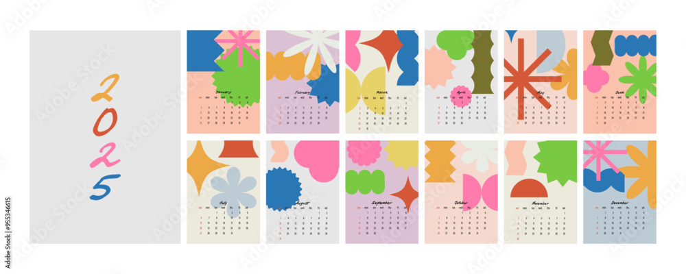 Calendar 2025. Calendar template series. Monthly template. Abstract colored shapes. Trendy vector illustration. Calendar 2025. Calendar template series. Monthly template. Abstract colored shapes. Trendy vector illustration.