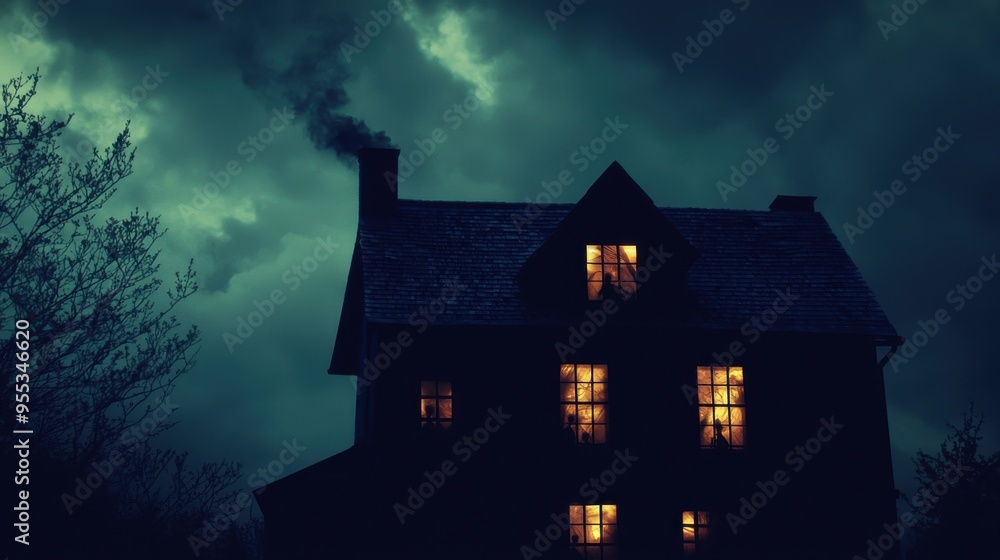 A silhouette of a spooky haunted house with flickering lights and shadowy figures in the windows set against a dark stormy sky A silhouette of a spooky haunted house with flickering lights and shadowy figures in the windows set against a dark stormy sky
