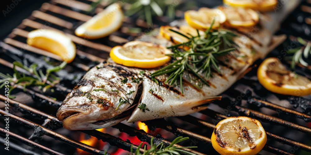 Grilled fish with lemon and rosemary on barbecue grill for outdoor cooking Grilled fish with lemon and rosemary on barbecue grill for outdoor cooking
