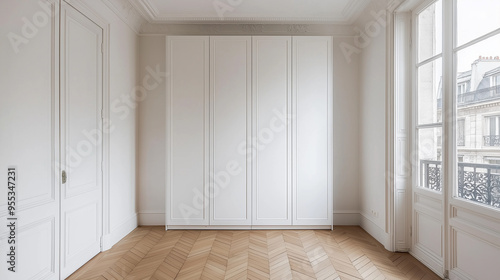 Interior of haussmanian apartment with wooden floor and a view on a parisian building photo