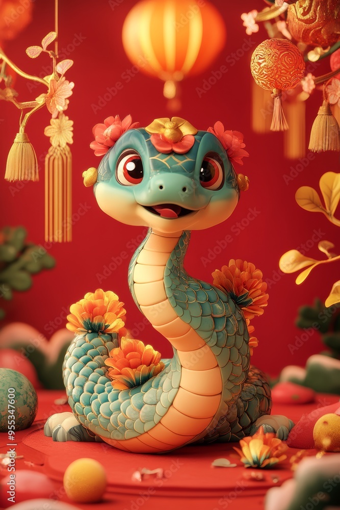 Obraz premium 2025 Year of the Snake New Year's card template with Japanese pattern and Snake. postcard, design